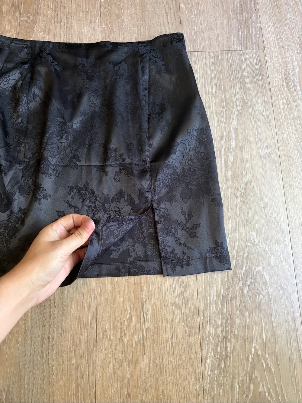 LYANER Black Satin/Silk Floral Jacquard Mini Skirt